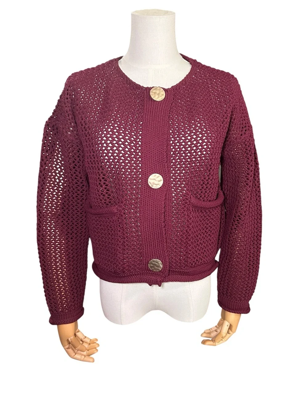 entro Maroon Crochet Open-Knit Button Cardigan